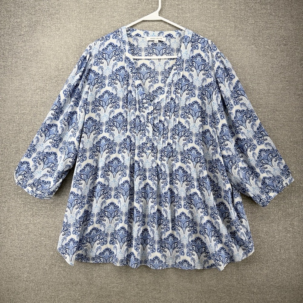 Rose+ Olive Blouse Top Women Size 2X White Paisley Blue 3/4 Sleeve